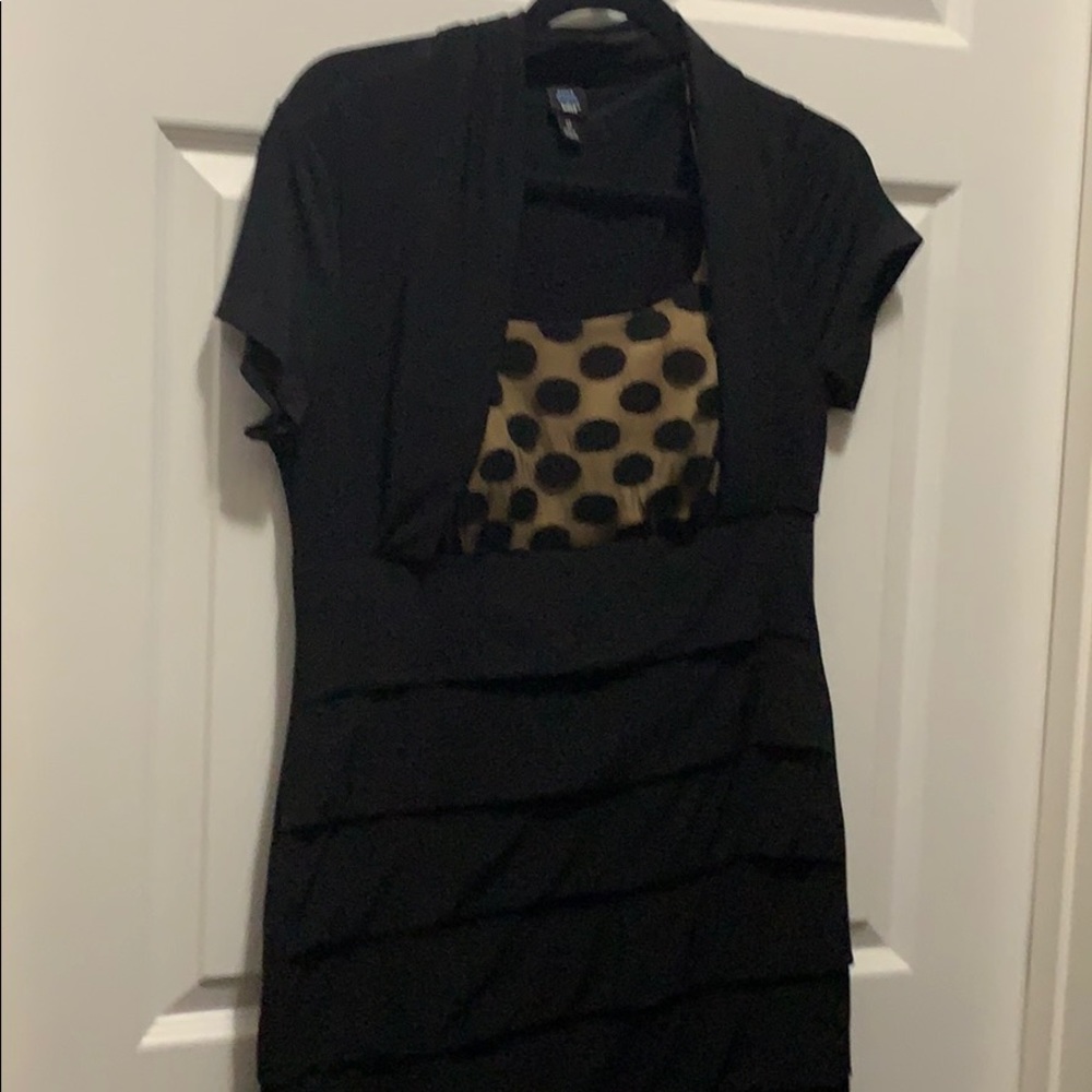 50s style dress with black lace over tan fabric